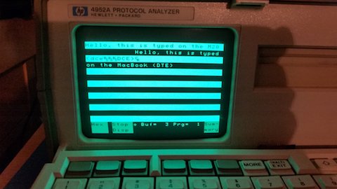 The HP4952A monitoring a 9600 bps communication between a modern computer and an Olivetti M20.
