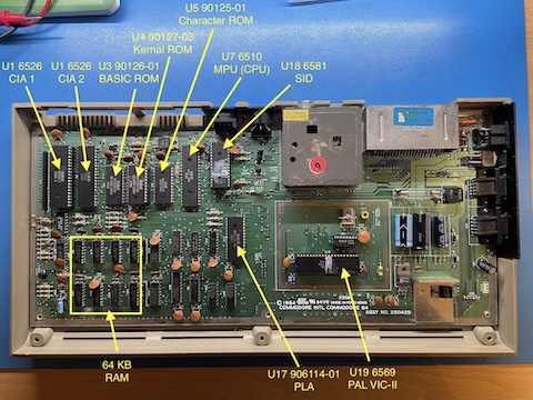 An annotated view of the board of my C64.