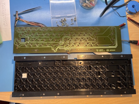 The keyboard, open. It is slightly different from the keyboard of my VIC-20 where the contacts were gold-plated